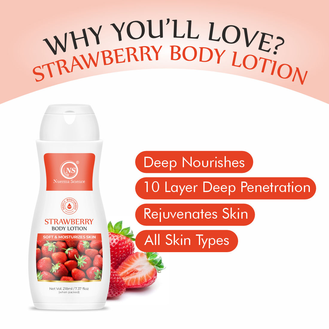 Nuerma Science Strawberry Body Lotion  24 Hr Nourishing Body Lotion for Women & Men ( 218ml)