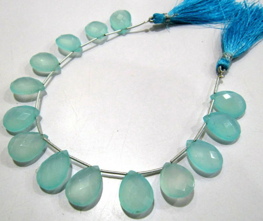 Natural Aqua Chalcedony 12x16mm Pear Shape Faceted Beads Strand 8 Inch Long