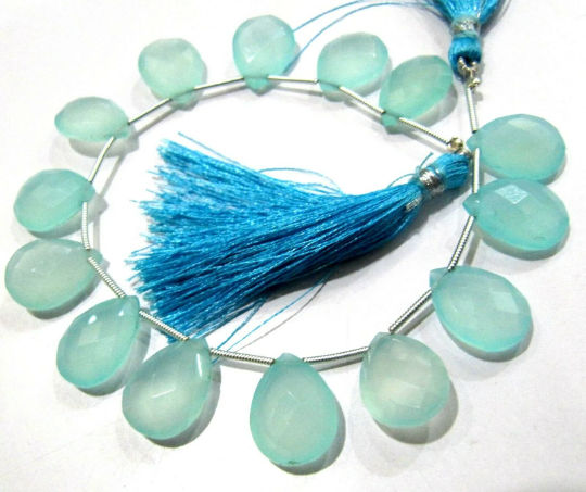 Natural Aqua Chalcedony 12x16mm Pear Shape Faceted Beads Strand 8 Inch Long