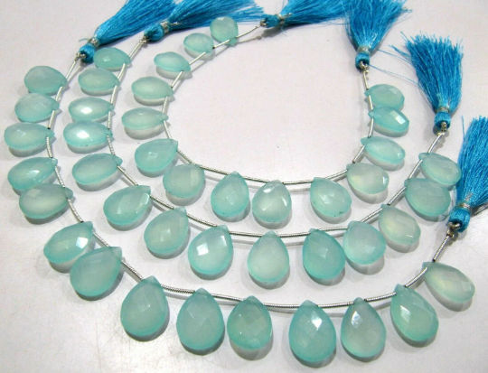 Natural Aqua Chalcedony 12x16mm Pear Shape Faceted Beads Strand 8 Inch Long