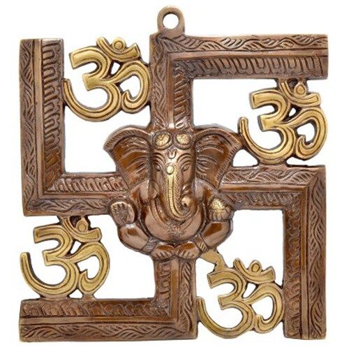 aakrati Ganesha and Swastik Brass Wall Hanging Decorative Showpiece - 20 cm  (Brass, Brown)