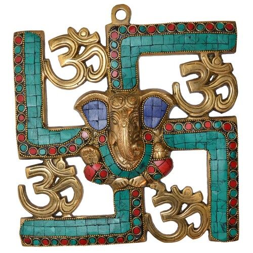 aakrati Ganesha and Swastik Brass Wall Hanging Decorative Showpiece - 20 cm  (Brass, Multicolor)