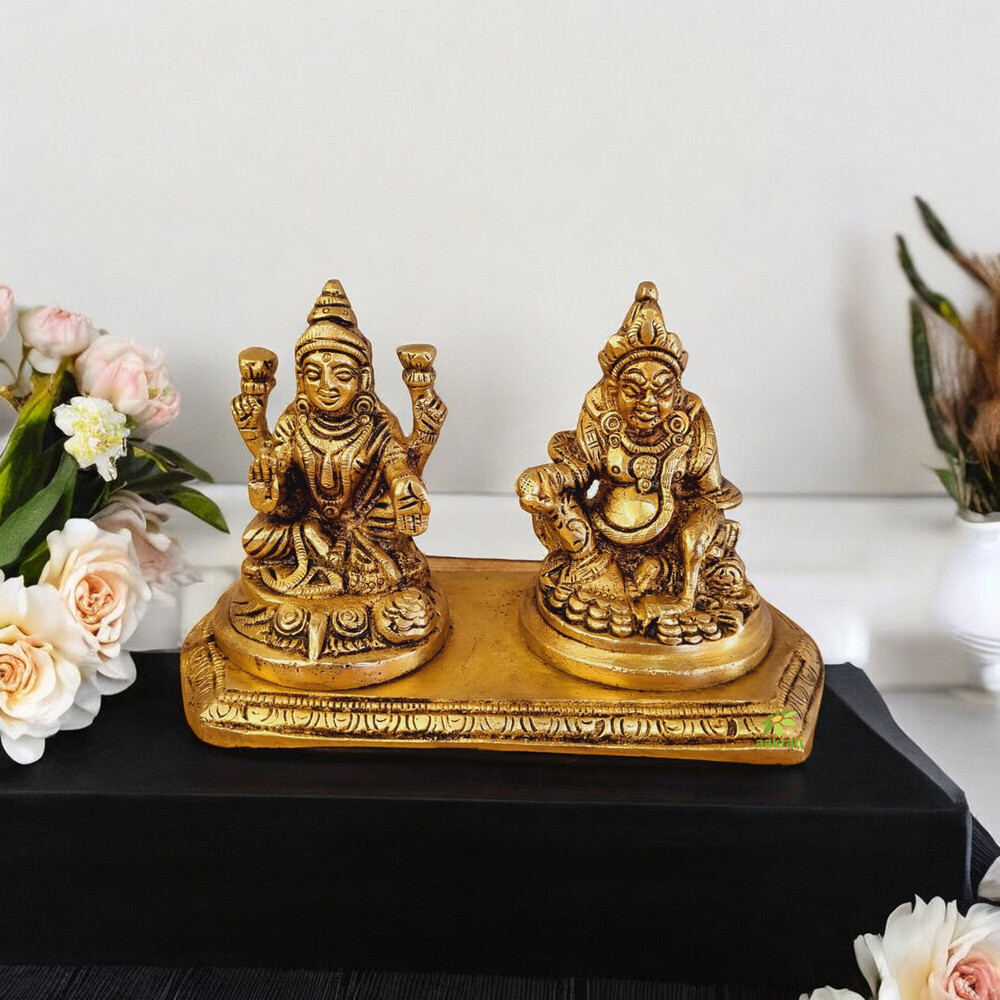 aakrati Money Lord Kuber and Lakshmi Statue Decorative Showpiece - 10 cm  (Brass, Yellow)