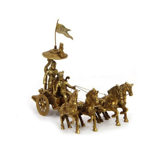 aakrati Decorative Brass Arjun Rath with four Horses Decorative Showpiece - 22 cm  (Brass, Yellow)