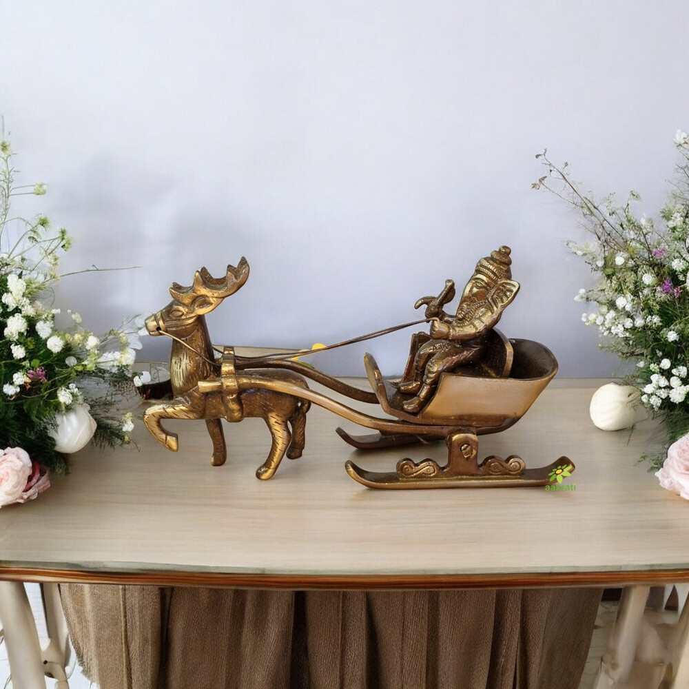 Ganesha's sleigh riding reindeer Brass Statue