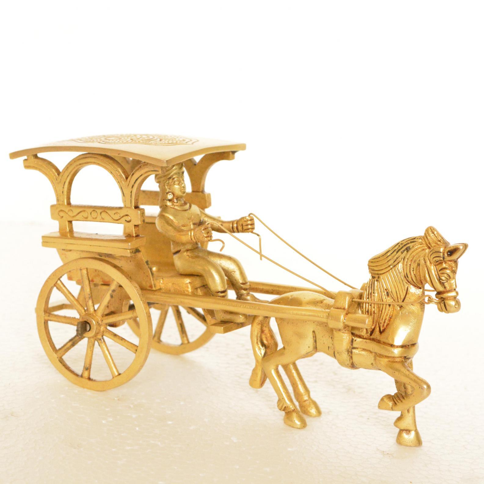 Vintage Brass Carriage Horse Cart - Desk Showpiece/Metal Decorative Gift with Wheel Pull Figurine Statue - Home Decor - Indian Metal Craft - Antique Collection