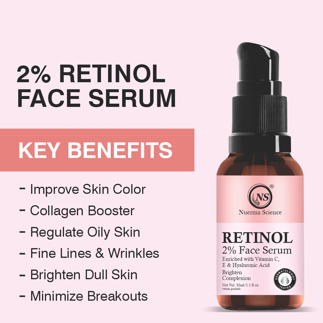 Nuerma Science Retinol 2% Face Serum + Vitamin C, E, & Hyaluronic Acid Benefits  (30 ml)