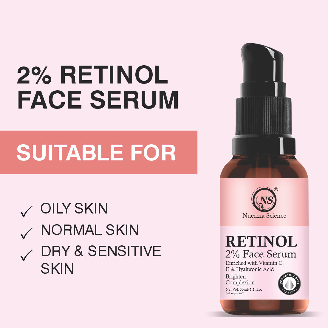 Nuerma Science Retinol 2% Face Serum + Vitamin C, E, & Hyaluronic Acid Benefits  (30 ml)