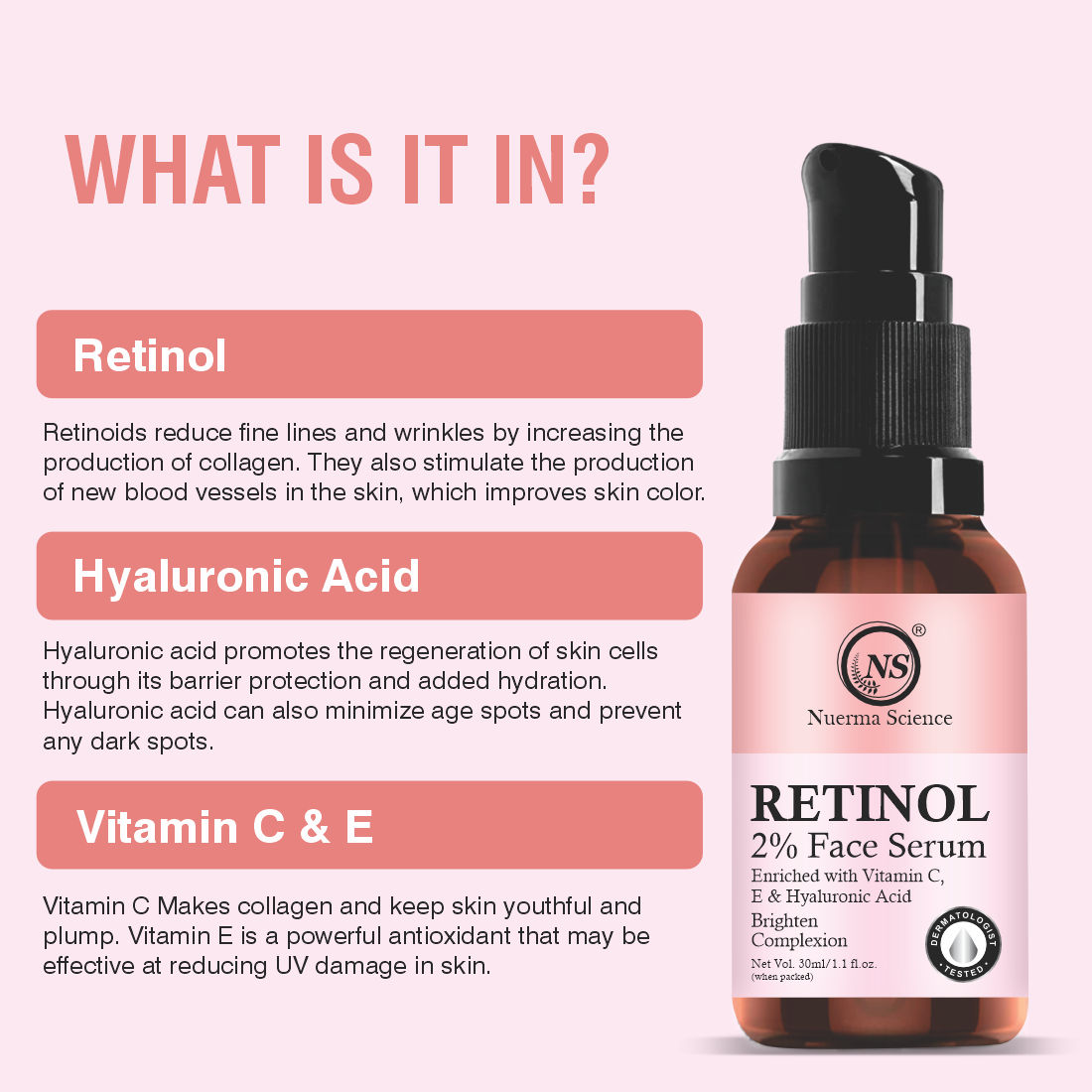 Nuerma Science Retinol 2% Face Serum + Vitamin C, E, & Hyaluronic Acid Benefits  (30 ml)