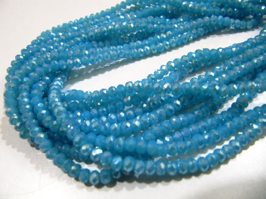 AB Coated Aqua Blue Chalcedony Rondelle Faceted 3-4mm Beads Strand 14''long