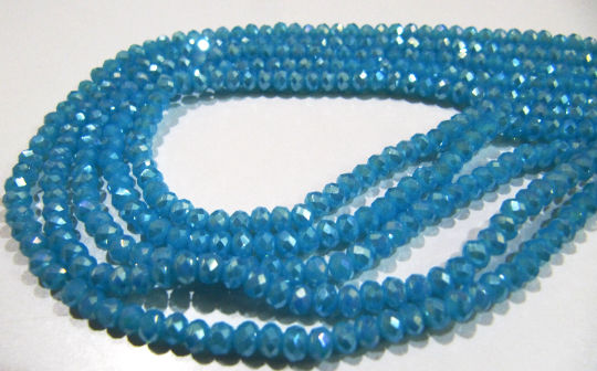 AB Coated Aqua Blue Chalcedony Rondelle Faceted 3-4mm Beads Strand 14''long