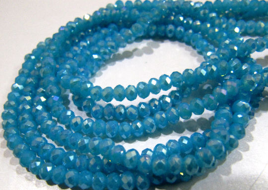 AB Coated Aqua Blue Chalcedony Rondelle Faceted 3-4mm Beads Strand 14''long