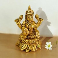 Goddess Laxmi Sitting On Lotus Barss Statue - Color: Yellow