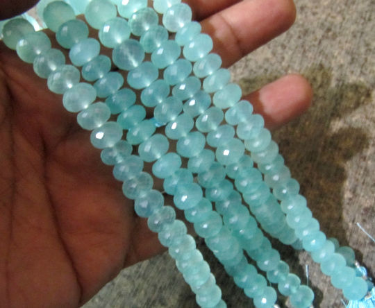 Natural Aqua Chalcedony Rondelle Faceted 10mm Beads Strand 8 Inch