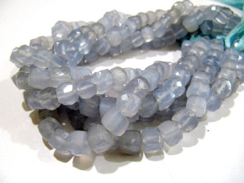 Natural Blue Chalcedony Cube Shape Faceted 3D Box 7 to 8mm Strand 8'' long