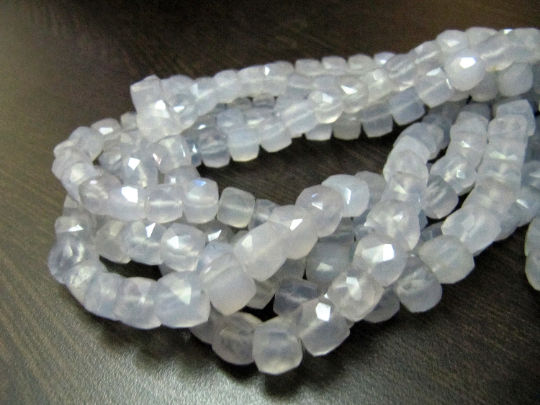 Natural Blue Chalcedony Cube Shape Faceted 3D Box 7 to 8mm Strand 8'' long