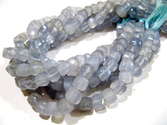 Natural Blue Chalcedony Cube Shape Faceted 3D Box 7 to 8mm Strand 8'' long