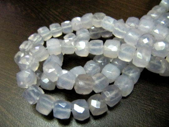 Natural Blue Chalcedony Cube Shape Faceted 3D Box 7 to 8mm Strand 8'' long