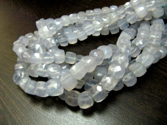 Natural Blue Chalcedony Cube Shape Faceted 3D Box 7 to 8mm Strand 8'' long