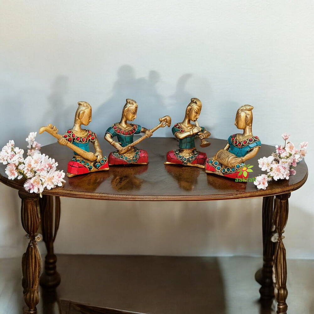 Aakrati Set of Four Musicians Brass Statue in Coral Stone Work - Metal Statue - Table Decor showpiece - Home Decor - Gift - Indian Handmade Craft - Handicraft -