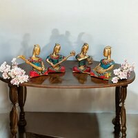 Aakrati Set of Four Musicians Brass Statue in Coral Stone Work - Metal Statue - Table Decor showpiece - Home Decor - Gift - Indian Handmade Craft - Handicraft -