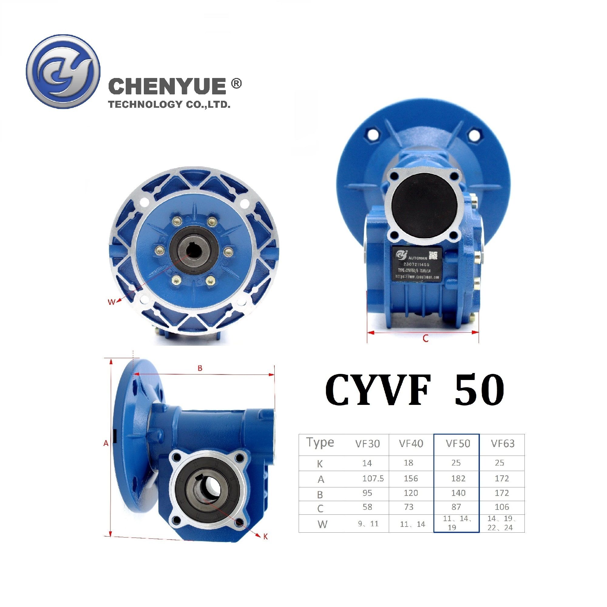 CHENYUE Big Torque Worm Gearbox NMVF 50 CYVF50 Input 14/11/19mm Output 25mm Speed Ratio from 5:1 to 100:1 Tin Bronze Worm Gear Free Maintenance