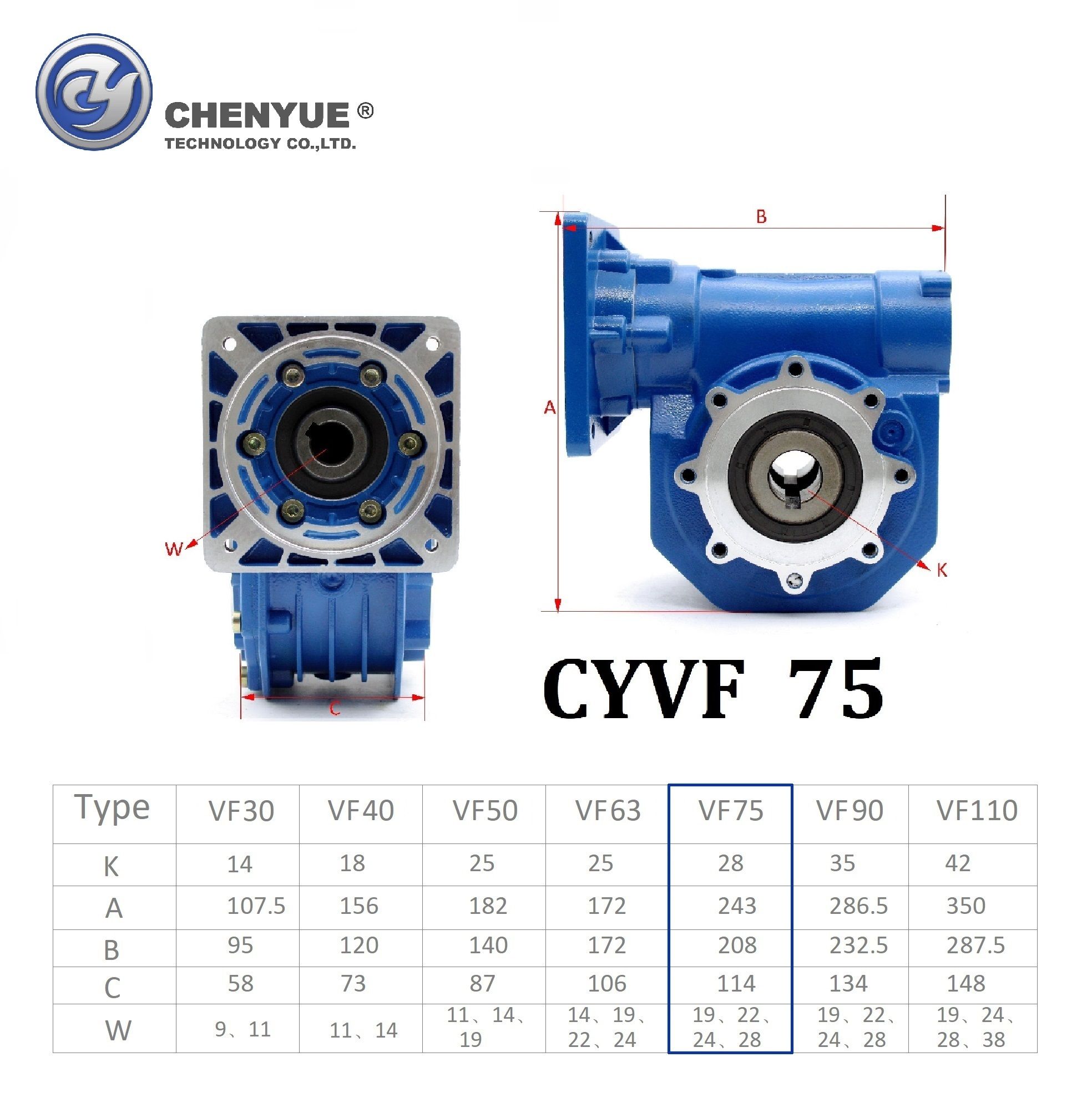 CHENYUE High Torque Worm Gearbox NMVF 75 CYVF 75  Input 19/22/14/24/28mm Speed Ratio from 5:1 to 100:1 Tin bronze for CNC Free Maintenance