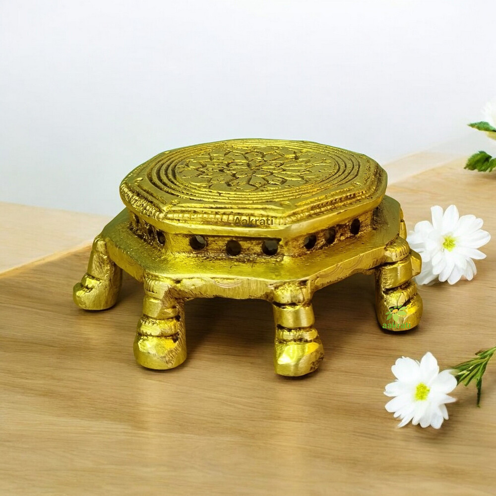 Aakrati Handicraft Brass Chowki for Home Temple - Small Stand - Table Metal Furniture to Put Any Small showpiece - Unique Antique Look Indian Handmade Metal Cra