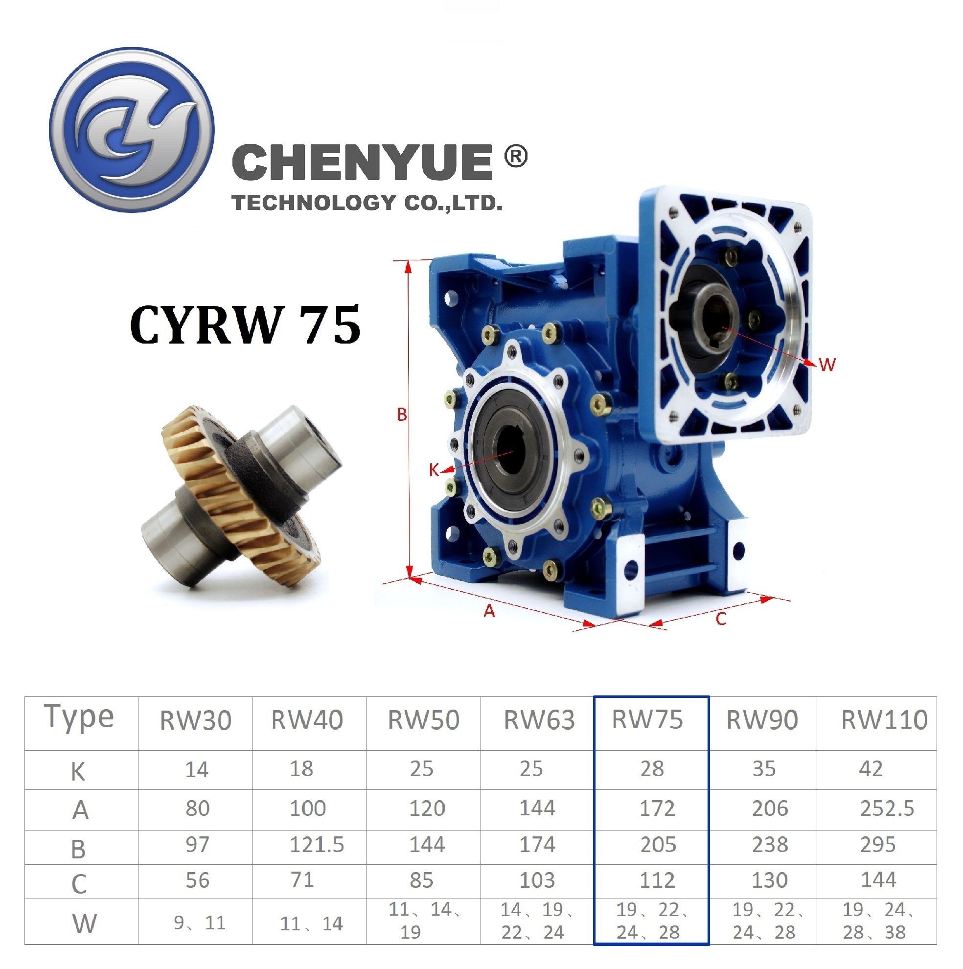 CHENYUE High Torque Worm Gearbox Speed Reducer NMRW75 CYRW75 Input 19/22/14/24/28mm Speed Ratio from 5:1 to 100:1 Tin bronze CNC Free Maintenance