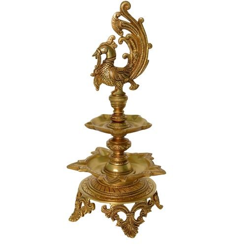 Aakrati Brass Decorative Showpiece Oil Lamp with Peacock - Table Diya Stand - Indian Religious Metal Craft for Gift and Dcor