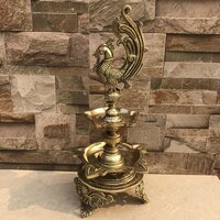 Aakrati Brass Decorative Showpiece Oil Lamp with Peacock - Table Diya Stand - Indian Religious Metal Craft for Gift and Dcor