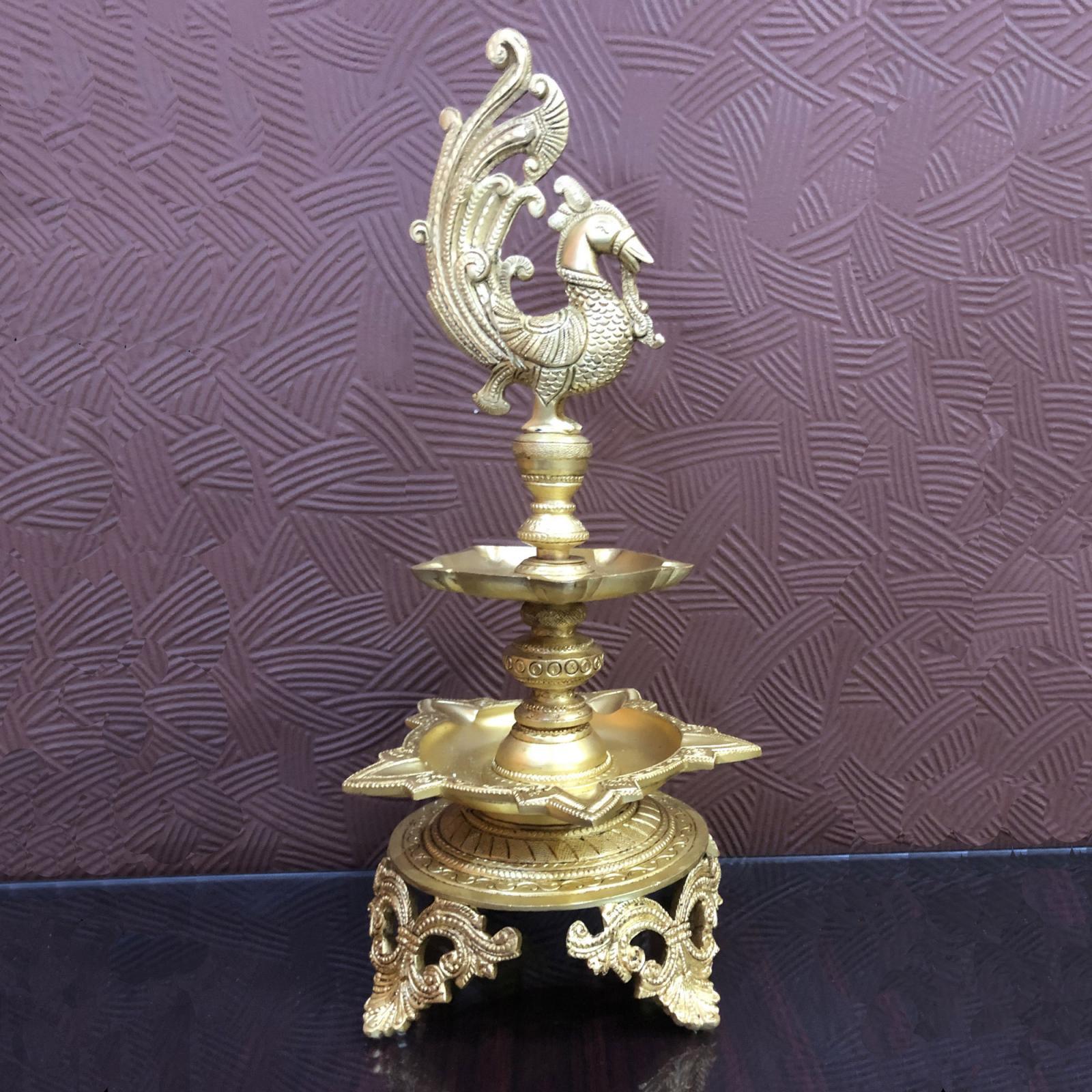 Aakrati Brass Decorative Showpiece Oil Lamp with Peacock - Table Diya Stand - Indian Religious Metal Craft for Gift and Dcor