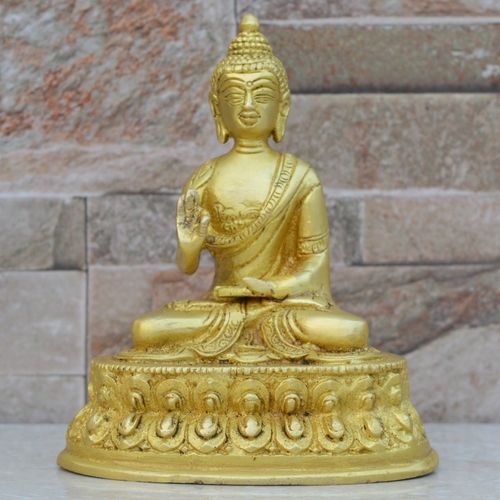 Lord Buddha Sitting on Lotus Decorative Showpiece - 14 cm (Brass, Antique Yellow Finish)c