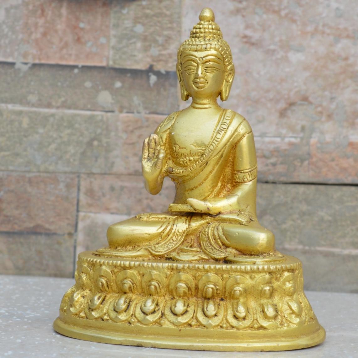 Lord Buddha Sitting on Lotus Decorative Showpiece - 14 cm (Brass, Antique Yellow Finish)c