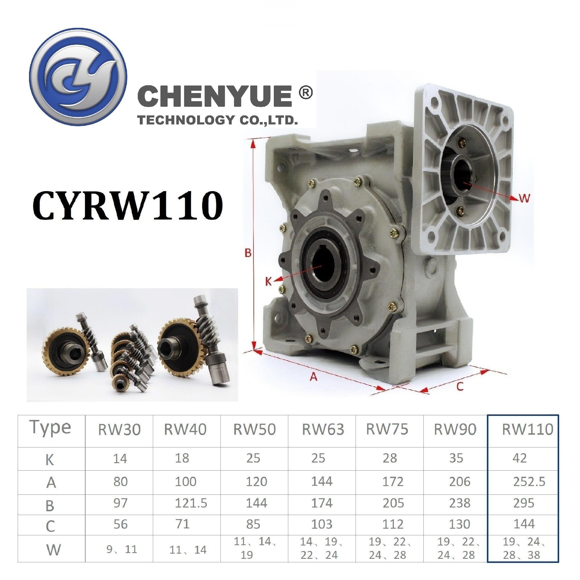 CHENYUE Worm Gearbox Reducer NMRW110 Input 19/24/28/38mm Output 42mm Speed Ratio from 5:1 to 100:1 Tin Bronze CNC Speed Free Maintenance