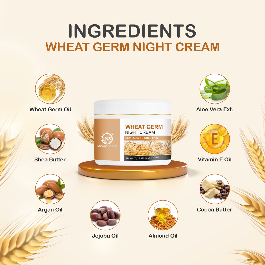 Nuerma Science Wheatgerm Night Cream enrich with Aloe Vera, Vitamin E Oil,  (50 g)