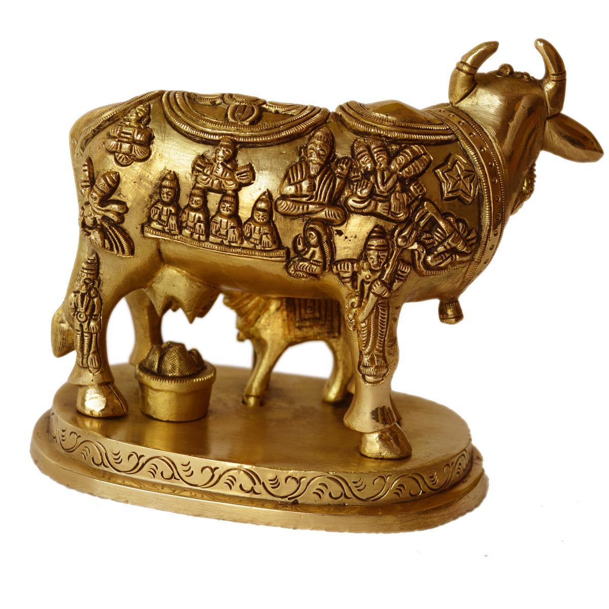 Kaamdhenu Cow with Calf brass made hand carved Pooja Ghar Statue