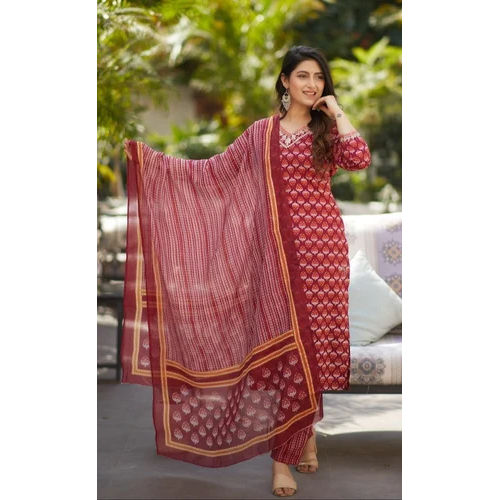 Maroon Printed Pure Cotton Kurta Set With Dupatta