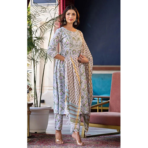 White Printed Pure Cotton Ethnic Set For Women