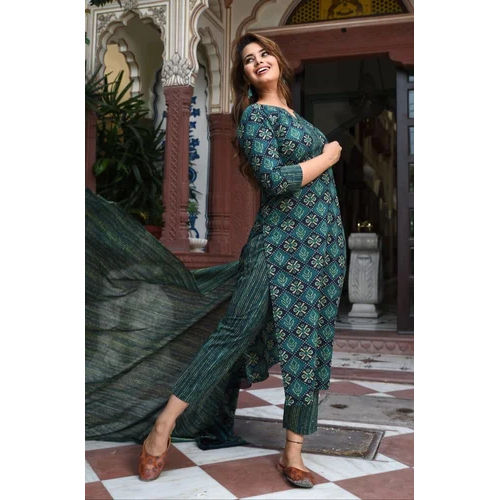 Washable Green Printed Viscose Rayon Dupatta Set Kurti