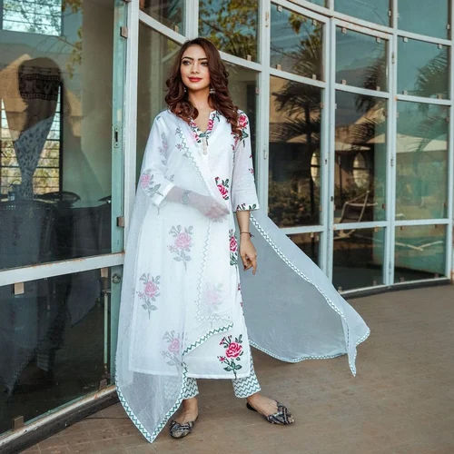 Washable Blue Printed Viscose White Kurti For Women With Palazzo