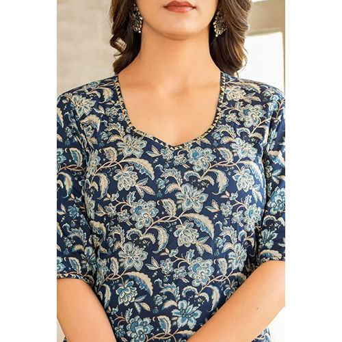 Blue Printed Viscose Rayon Kurta, Pant And Dupatta Set