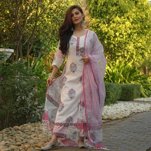 White Printed Pure Cotton Suit Set With Dupatta