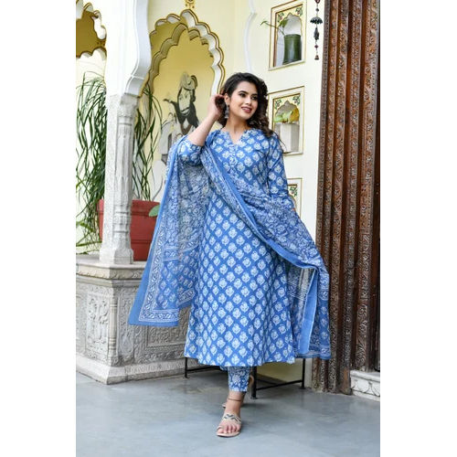 Printed Viscose Rayon Blue Kurta Set For Women