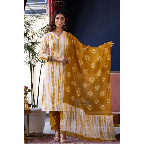 Yellow Printed Viscose Rayon Kurta, Pant And Dupatta Set