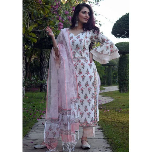 White Printed Pure Cotton kurta Sets For Women With Dupatta