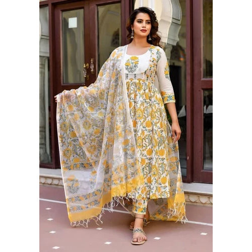 Yellow, White Printed, Abstract Viscose Rayon Kurta, Pant And Dupatta Set