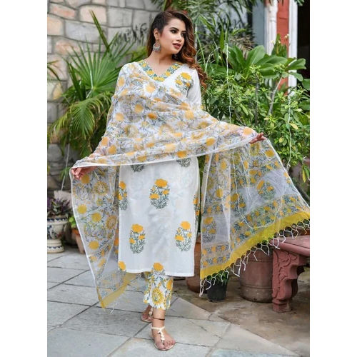 Washable Women White Printed Pure Cotton Kurta, Pant And Dupatta Set