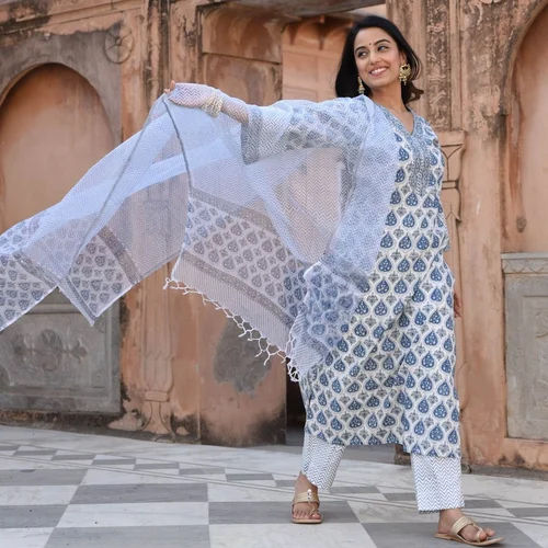 White Printed Viscose Rayon Kurta Set With Dupatta