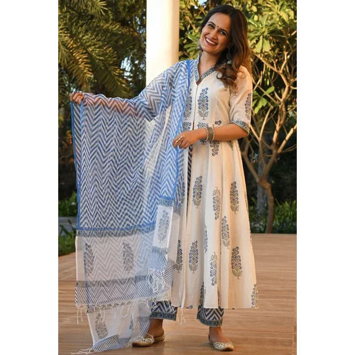 White Printed Pure Cotton Kurta And Pant Set